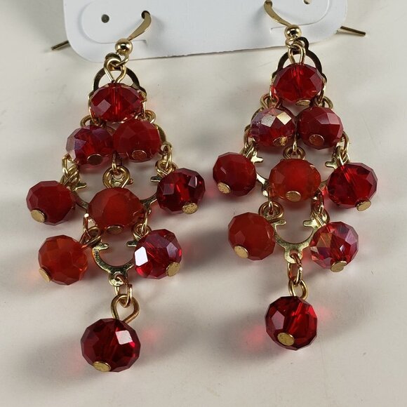 Charming Charlie Red Chandelier Beaded Earrings – Gold Cascade - Fashion Jewelry - Picture 5 of 11